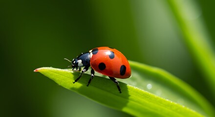 Fototapeta premium A ladybug with red shell and black spots rests on a green blade set against a blurred green backdrop