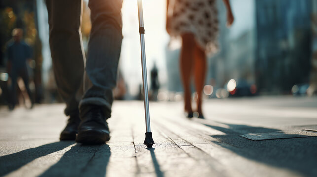 Low angle view of a blind person walking with a cane on a city street, sunlight casting shadows, symbolizing mobility, independence, and inclusive urban life.