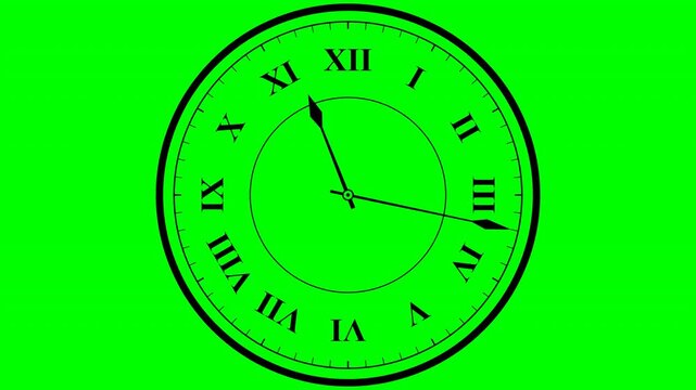 Classic analog clock face with Roman numerals showing time passing on a green screen background