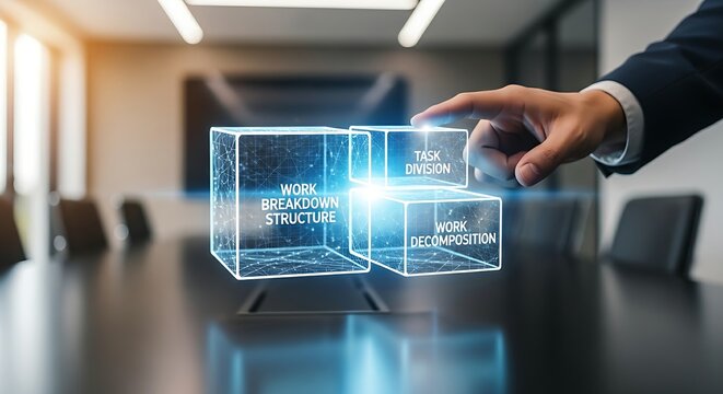 Task decomposition concept. A project manager's hands split a large holographic block into two smaller parts, representing the breakdown of tasks.