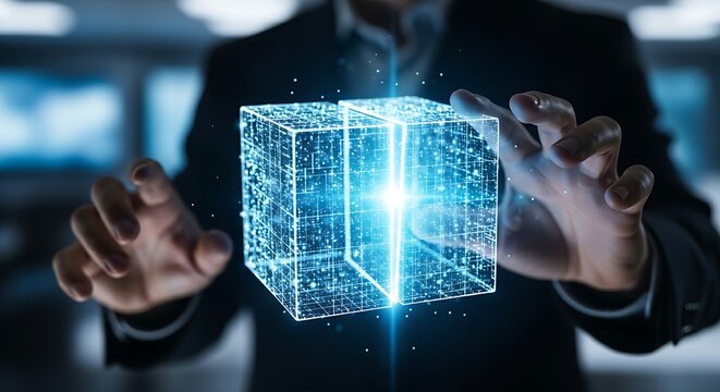 Task decomposition concept. A project manager's hands split a large holographic block into two smaller parts, representing the breakdown of tasks.
