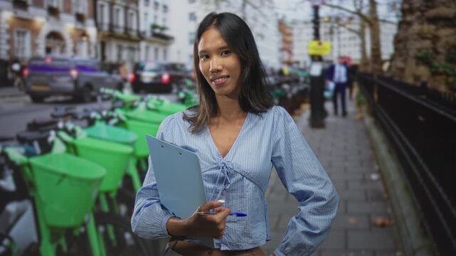 Thai woman holding clipboard and pen with bare hand, smiling while standing beside green rental bikes on a busy city street; confidence outreach.