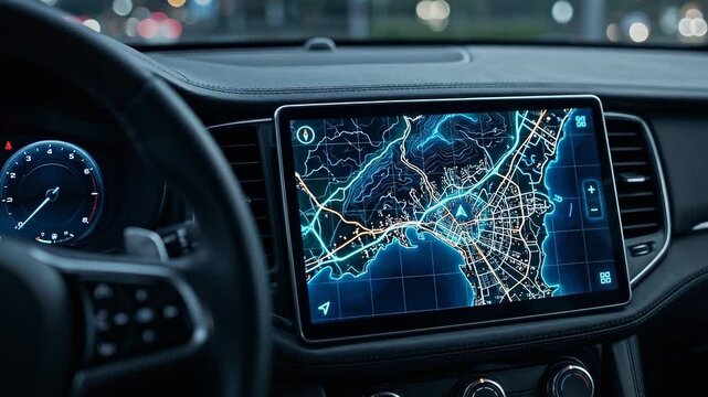 Car Interior Navigation Screen Showing City Map at Night.