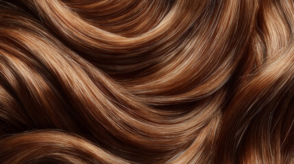 Naklejka premium Close up of flowing brown hair texture with glossy shine and smooth waves, highlighting beauty, healthy strands, and luxurious hair care concept.