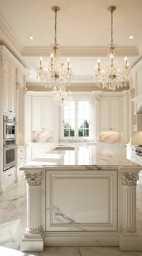 Elegant white kitchen interior with marble island and crystal chandeliers.