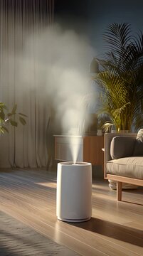 Modern white humidifier releasing mist in cozy living room with plants and natural light.