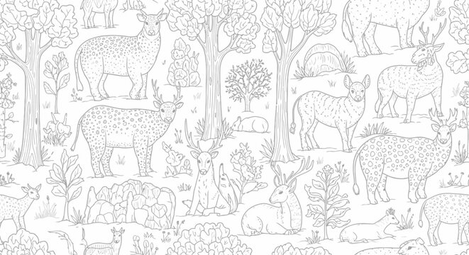 Deer in forest illustration repeating pattern decorative design