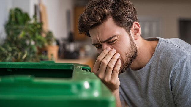 Man reacting to a bad smell from an open garbage bin while holding his nose, expressing disgust and pollution issues in an urban environment