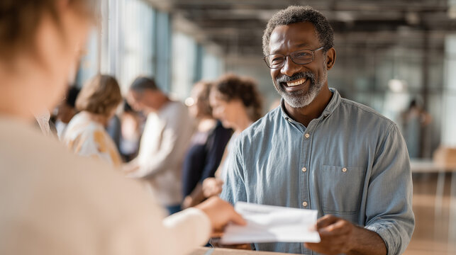 Man receiving a ballot paper from an election worker at a voting station, representing democracy, civic duty, and the electoral process