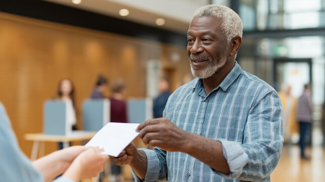 Man receiving a ballot paper from an election worker at a voting station, representing democracy, civic duty, and the electoral process