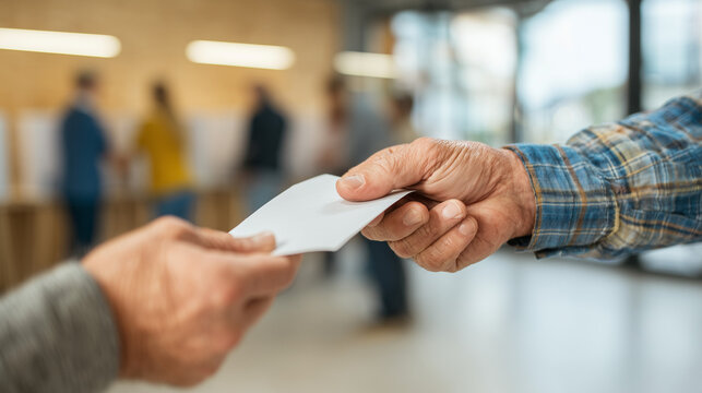 Man receiving a ballot paper from an election worker at a voting station, representing democracy, civic duty, and the electoral process