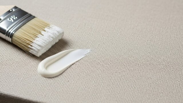 A paintbrush with a dab of white paint on a textured canvas.