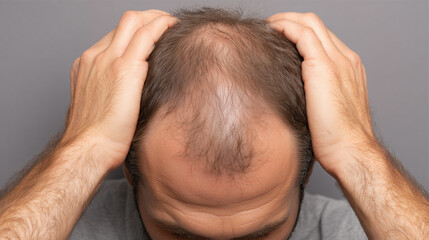 Fototapeta premium Frustrated man with male pattern baldness holding his head, expressing stress, hair loss, anxiety, and self confidence issues on isolated background.