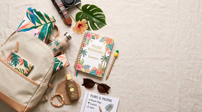 summer travel flat lay with backpack notebook sunglasses and beach accessories on beige fabric