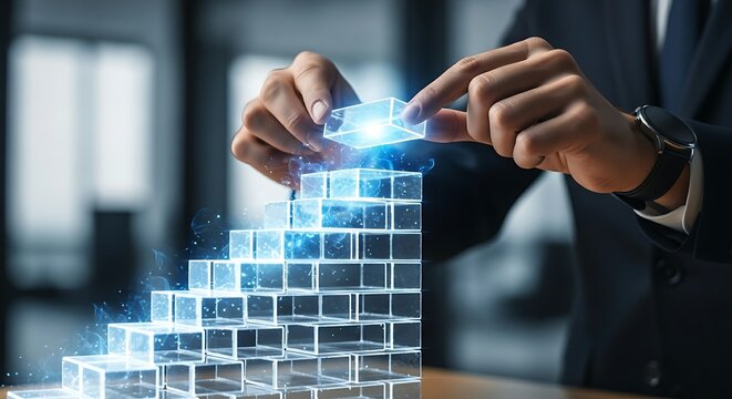 Business foundation concept. An executive's hands place a final holographic 'brick' on top of a wall, completing a solid structure and symbolizing a strong foundation.