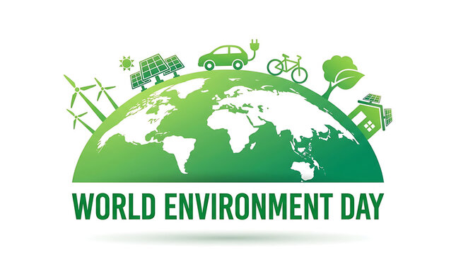 World Environment Day vector banner with green half earth globe and renewable energy icons