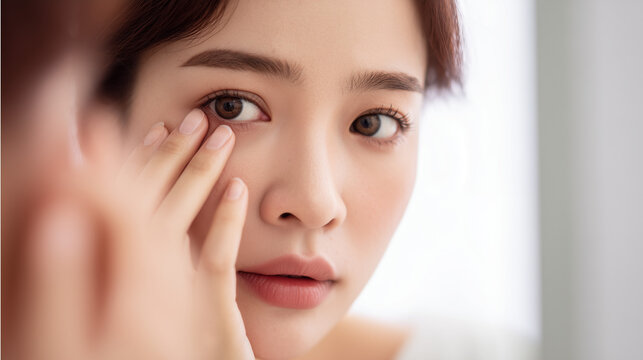 Young woman checking under eye area in mirror, skincare and beauty concept highlighting healthy skin, selfcare, and facial care routine.
