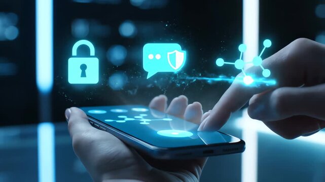 Cybersecurity Floating Security Icons and Network Diagram Activate as Hand Taps Smartphone in a Futuristic Lab