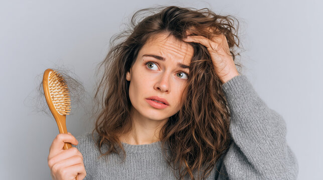 Young woman worried about hair loss while holding a wooden hairbrush, highlighting stress, beauty concerns, and haircare problems in daily life