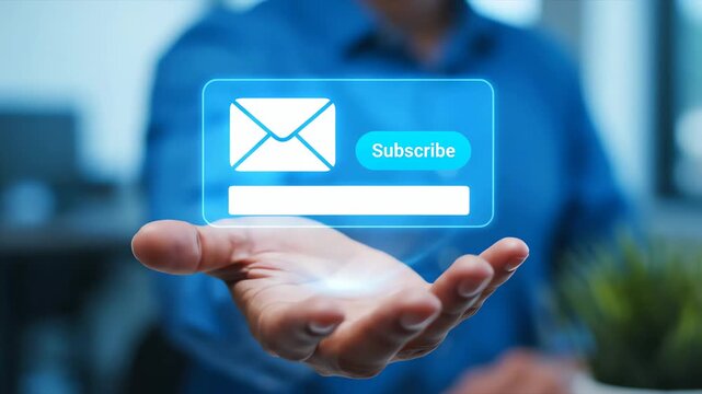 Subscribe Visual Scene Shows a Futuristic Hand Hovering over a Bright Holographic Email Subscribe Overlay in a Modern Office Setting