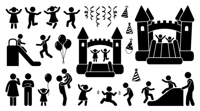 Barking dog vector elements omitted in this happy children playground bouncy castle birthday party silhouette illustration featuring kids playing