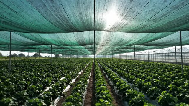 Large agricultural field with rows of leafy green crops under protective shade netting.