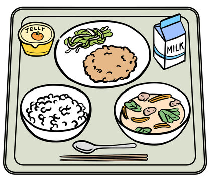 紙パック牛乳と白米の給食メニュー　イラスト