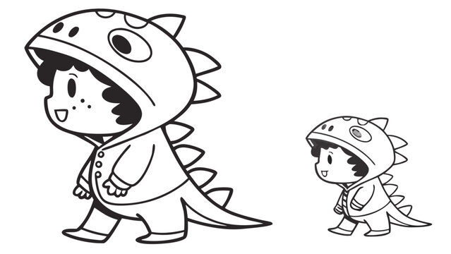 Adorable boy wearing dinosaur onesie outfit for kids coloring page activity vector