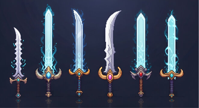 Set of Enchanted Magic Swords with Blue Fire and Energy Aura Pixel Art