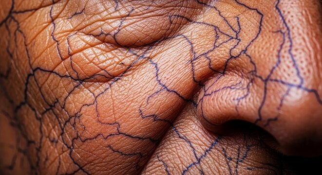 An artistic close-up capturing the intricate map of deep lines and weathered skin textures that represent a lifetime of wisdom and time, aesthetic, soft, weathered