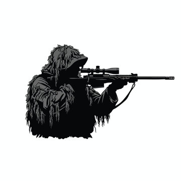 Silhouette of a Person with a Sniper Rifle in a Stealthy Shooting Stance