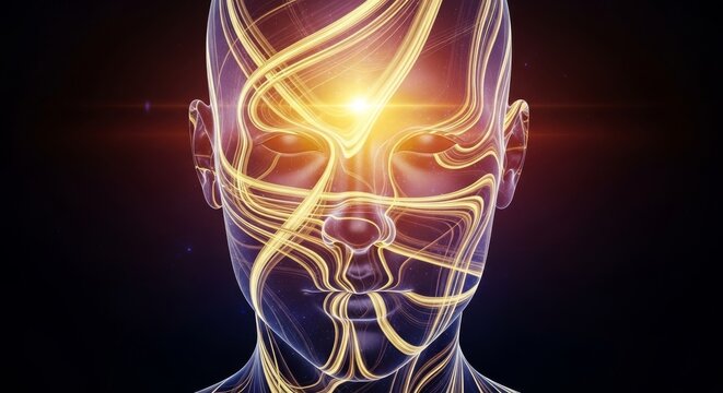 An ethereal humanoid face glows with shifting golden temporal patterns and fluid lines representing the profound passage of long time, life, close-up, light