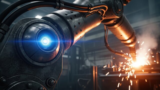 The camera eye of a large industrial robot overseeing a welding process.