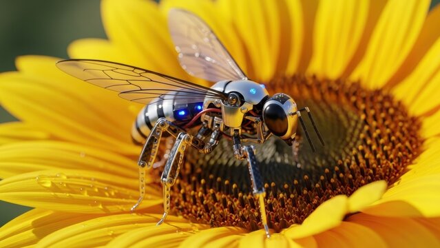 Macro shot of a metallic robotic bee on a yellow sunflower.