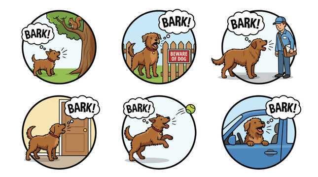 Cute cartoon brown dog barking at various everyday situations like mailman, squirrel, and car vector illustration set