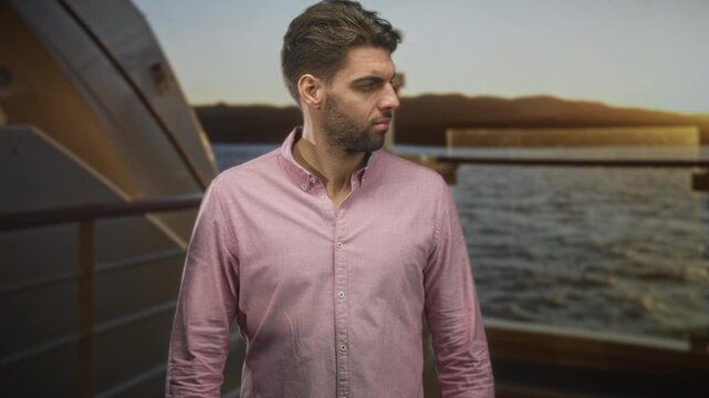 Man with beard in pink shirt points index finger on ship deck railing at sunset while looking sideways; playful curiosity.