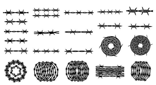 Barbed Wire Collection Vector Illustration, Set of Sharp Metal Fencing Elements and Coiled Razor Wire Spirals for Security Design and Industrial Border Graphics