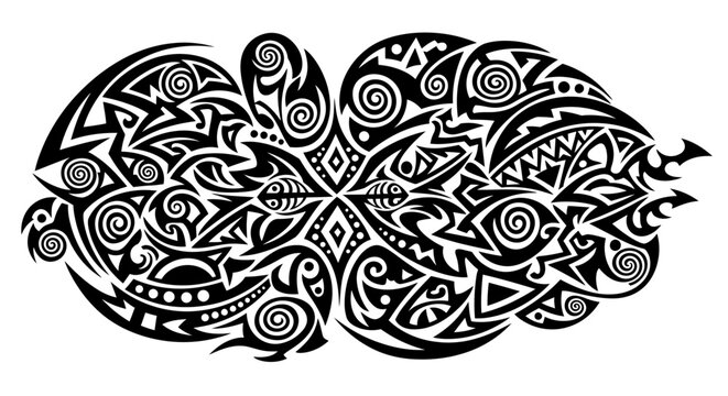 Intricate black tribal pattern design with abstract swirls, sharp angles, and geometric shapes on white background, decorative art element