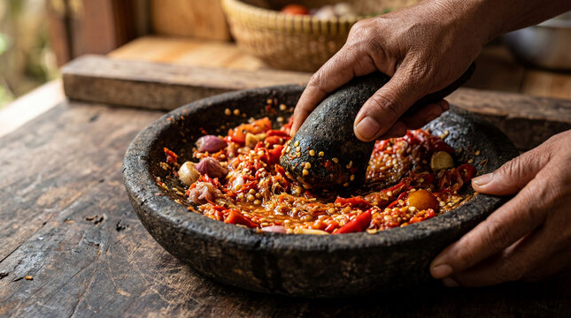 Authentic Indonesian sambal grinding process in stone mortar with chili, garlic, and shallots, rustic kitchen style, ideal for culinary and recipe stock visuals.