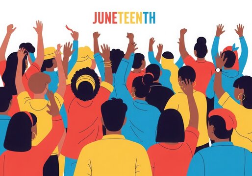 Celebratory crowd joyfully raising hands during juneteenth festivities