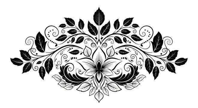 Elegant ornate black and white floral design with leaves and scrolls. Vintage decorative flourish element for graphic projects.