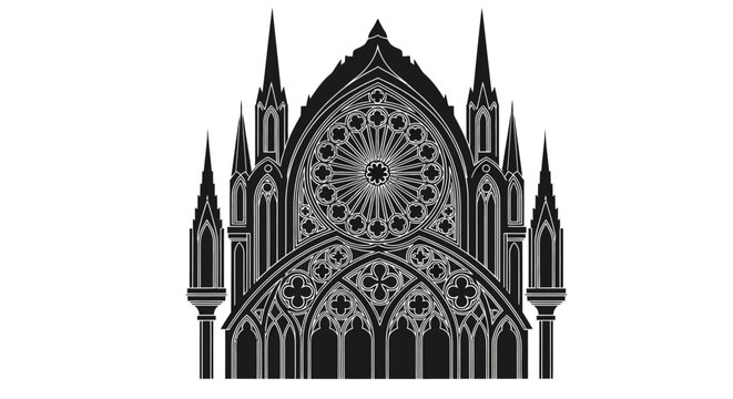 Gothic cathedral facade vector illustration with ornate rose window and spires. Intricate medieval church architecture design.