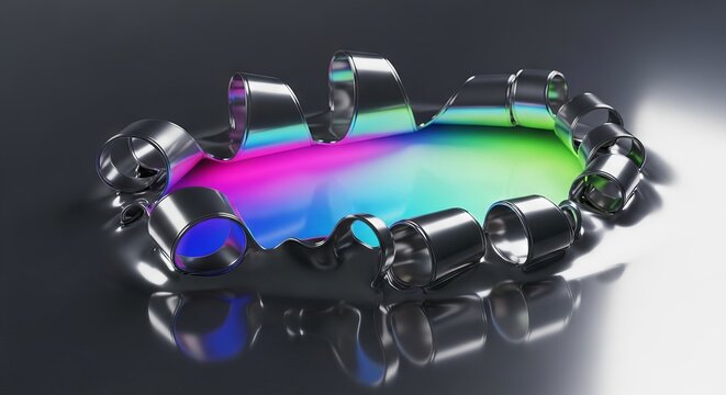 Molten liquid chrome surface peeling back in delicate ribbons to reveal a vibrant pulsing neon glow from a mysterious deep internal energy, depth, silver, high-tech