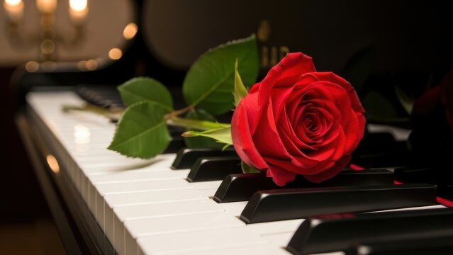 Red rose on piano keys with romantic candlelight in the background.