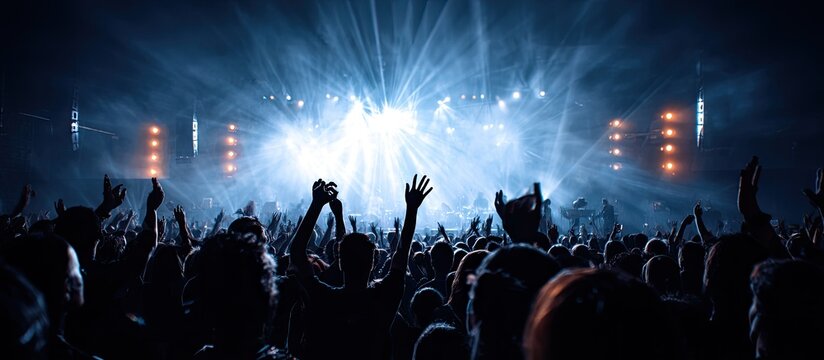 Crowd at Concert with Bright Stage Lights and Smoke in Night Atmosphere