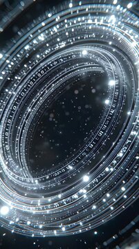 Futuristic digital interface with glowing circular data visualization and light particles.