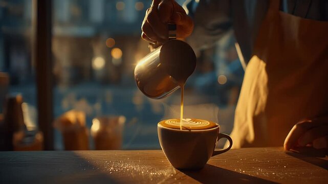 Skilled barista pours latte art into a ceramic cup in a cozy cafe setting creating an intricate floral design with warm golden light and bokeh background