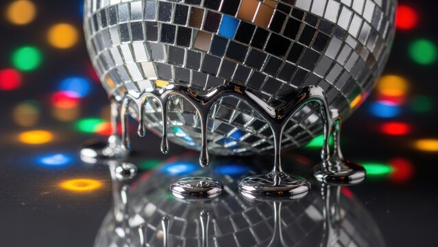 A silver disco ball melting like liquid mercury with colorful lights.