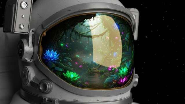 Reflection of a bioluminescent alien forest in an astronaut's visor.