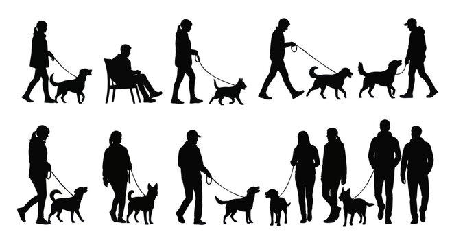 Silhouettes of people walking dogs in various poses and settings.